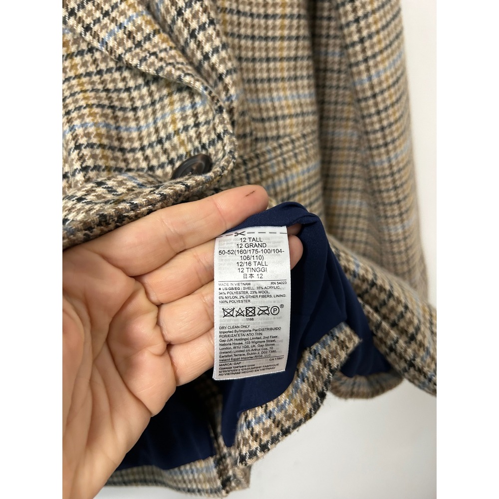 Gap Double Breasted Plaid Blazer Women 12 Tall Brown Dark Academia Houndstooth - Picture 5 of 12